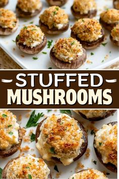 stuffed mushrooms with cheese and parmesan on top are shown in this collage