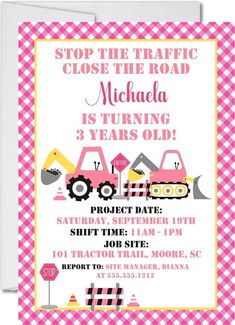 Pink Construction Birthday Party Invitations Pink Construction Party, Construction Birthday Party Invitations, Eloise Birthday, Pink Construction, Baby Dedication Invitation, Dedication Invitations, Construction Invitations, New Years Eve Invitations, Housewarming Party Invitations