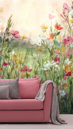 If you have a room that feels a little dark and cold, then there are simple things you can that will have a huge impact. Floral wallpaper is an effective way to convert a plain wall into something bright and vibrant that catches the eye and makes the room feel welcoming. Even just by changing one wall, you can completely shift the atmosphere of a room! Wildflower Wallpaper, Bloom Wallpaper, Floral Mural, Cosy Lounge, Lounge Bedroom, Watercolor Wildflowers, White Sideboard, Make Your Own Wallpaper, Create Your Own Wallpaper