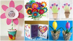 four different pictures with flowers in vases and paper crafts on the bottom one has a photo of a child's hand holding a flower