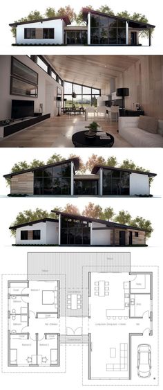 three different views of the inside and outside of a house, one with an open floor plan