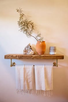 two towels hanging on a shelf next to a potted plant and vase with flowers