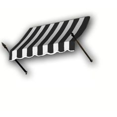 a black and white striped awning on top of a metal pole with two legs