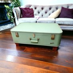 This unique and adorable vintage suitcase table/ottoman has so many functions and is a must have for your space! The exterior/shell of this table is a vintage Starline green hard sided suitcase. The original case is in excellent vintage condition with very minor wear and tear commensurate with age and use. This table has been completely refurbished on the interior. The original lining was removed and replaced with a beige and gold metallic cotton fabric. I cut and added a piece of .25 inch thick wood to the bottom to add support for the table and table legs. The table legs and mounting brackets came from the hardware store and are not vintage pieces. They are also removable and could be replaced if desired. This unique suitcase side table could be used as extra storage or an ottoman, coffe Steamer Trunk Table, Suitcase Vanity, Suitcase Side Table, Vintage Suitcase Decor, Vintage Suitcase Table, Repurposed Wood Projects, Suitcase Table, Suitcase Decor, Diy Suitcase