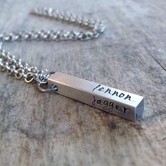 A simple personalized bar necklace created out of solid aluminum and customizable with names, dates, coordinates and any meaningful words on each of the 4 sides. Maximum characters is about 10-13 depending on the letters. Suspending from a thick and sturdy and rhodium plated over copper link chain.  NOTE: For aluminum bar, choose from two types of chain. Stainless steel 5.8mm thick (doesn't tarnish) or rhodium plated over copper chain 4.7mm thick (may tarnish if not cared for properly). See imag Boyfriend Necklace, Different Font Styles, Square Bar, Bar Necklace Personalized, Chocolate Mix, Crafting Materials, Bar Pendant, Necklace For Men, Heishi Beads