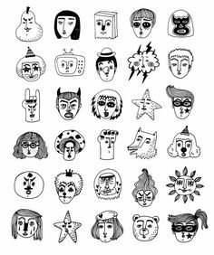 various faces drawn in black and white with different designs on the upper half of each face