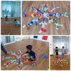 three pictures of children playing with toys on the floor