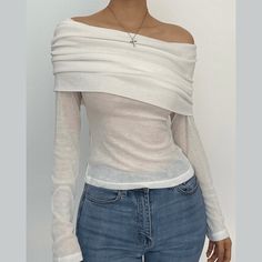 Long sleeve solid off shoulder backless top Non-stretch White Tops, Non-stretch White Solid Top, Non-stretch Trendy Tops For Layering, White Layering Tops, White Tops For Layering, Elegant Fitted Tops In Solid Color, Elegant Non-stretch Tops, Elegant Fitted Tops With Foldover Top, Fitted Sleeveless Solid Color Top