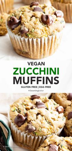 vegan zucchini muffins with chocolate chips on top and in the middle