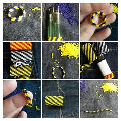 the process for making beaded bracelets is shown in several different pictures, including one being