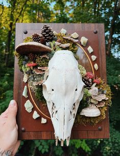 a deer skull is surrounded by pine cones and other things on a wooden plaque in front of some trees