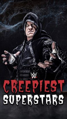 a man in black jacket and hoodie holding his hands out with the words crepest superstars on it