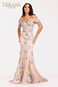 Be the elegant belle of the ball in this stunning off-the-shoulder, long evening dress. The sweeping silhouette is crafted from delicate tulle and is lavishly adorned with intricate all-over embroidery and hand-placed beadwork for an exquisite shimmer. An illusion V-neckline cascades down to a dramatic mermaid hem, whi Mob Dress, Trumpet Silhouette, Luxurious Dress, Dress Event, Pageant Gown, Luxurious Dresses, Short Dress Styles, Trumpet Dress, Notched Neckline