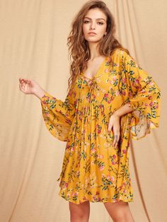 Lace Up Plunge Neck Kimono Sleeve Botanical Smock Dress Sari Dress, Yellow Floral Dress, Hippie Costume, Mini Dresses Online, Boho Dresses, Stylish Clothes, Boho Tunics, Short Mini Dress