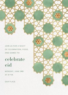 a green and gold celebration card with an intricate design on the front, in white paper