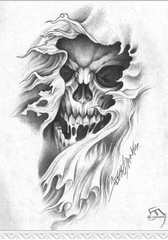 a drawing of a skull with flames coming out of it