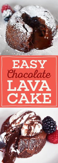 an easy chocolate lava cake with raspberries on the side