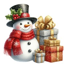 a snowman wearing a hat and scarf next to presents