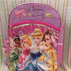 a pink backpack with princesses on it