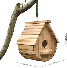 a wooden birdhouse hanging from a tree with measurements for the top and bottom part