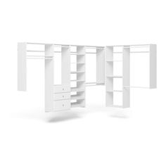 an open white bookcase with drawers and shelves on the bottom, in front of a white background