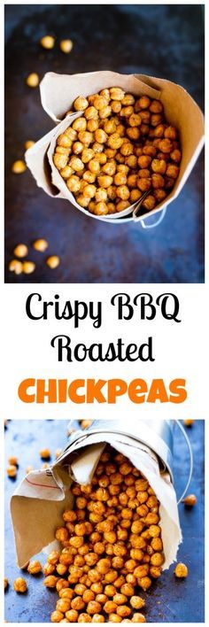 crispy bbq roasted chickpeas in a paper bag with text overlay