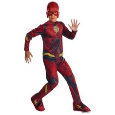 a young boy in a flash costume running with his hands out to catch the ball