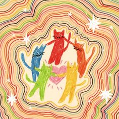 an image of three cats in the middle of a circle with stars on it and one cat holding a heart