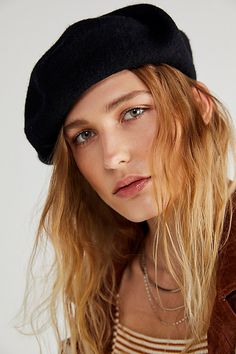 Classic and contemporary, this wool beret is featured in a soft style and structured silhouette with a round, flat top and a stalk in the center. * 22.45" * Slip-on style | Du Jour Beret by Free People in Black Black Beret Hat, Flat Top Hats, Free People Hat, Leather Beret, Black Beret, Rancher Hat, Wool Beret, Wool Berets, Beret Hat