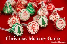 christmas memory game candy candies on a red background with green and white ribbon around them