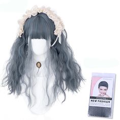 Kawaii Wavy Gray Blue Wig with Bangs Blue Wig With Bangs, Kawaii Glasses, Front Lace Wigs, Kawaii Wigs, Anime Lingerie, Lace Stockings, Blue Wig, High Heel Sneakers, Blue Pin