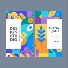 the cover design for an art book with colorful geometric shapes and leaves on it's sides