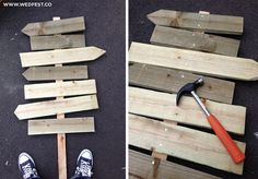 two pictures side by side one with a hammer and the other with wood planks