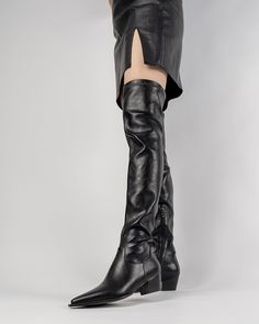 Details Women Size: US 5-10 Heel Height: 5.5 cm/2.17" Color: Black, Apricot Toe: Pointed Toe Material Lining Material: Superfine Fiber Outsole Material: Rubber Upper Material: Leather Insole Material: Leather Black Thigh-high Wide Calf Boots, Black Wide Calf Thigh High Boots, Wide Calf Over-the-knee Boots For Spring, Spring Wide Calf Over-the-knee Boots, Trendy Block Heel Knee-high Boots For Night Out, Trendy Wide Calf Over-the-knee Boots, Trendy Wide Calf Over The Knee Boots, Edgy Fitted Platform Boots With Block Heel, Knee-high Heeled Boots With Stacked Heel For Night Out