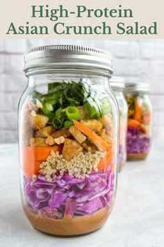 This 35g Protein Asian Crunch Salad with Tempeh doubles as a warm grain bowl. It is delicious both warm and chilled. Meal prep this recipe in mason jars for grab-and-go lunches packed with plant-based protein. Or heat them up for dinner if you are in the mood for a warm meal. This crunch salad is also rich in fiber, iron, heart healthy fats, and other essential nutrients. Warm Grain Bowl, Asian Crunch Salad, Crunch Salad, Jar Food, Mason Jar Salad, Grain Bowl, Salad In A Jar, Lunch To Go, Warm Food