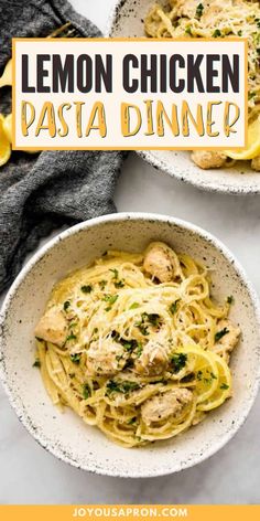 two white bowls filled with lemon chicken pasta