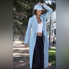 Very Chic And Stylish Maxi Jacket Casual Long Blue Outerwear, Chic Fitted Light Blue Outerwear, Chic Light Blue Fitted Outerwear, Blue Long Sleeve Outerwear For Spring, Spring Long Sleeve Blue Outerwear, Light Blue Long Sleeve Blazer For Fall, Chic Fitted Blue Outerwear, Blue Long Outerwear For Spring, Long Blue Outerwear For Spring