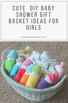 a basket filled with baby shower gifts and the words cute diy baby shower gift baskets for