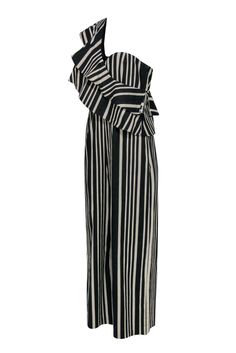 Step out in stripes all summer long with this adorable jumpsuit from Alice & Olivia! Created in a trendy wide leg silhouette with a bold striped design and whimsical ruffled trim, this one-shouldered beauty is a must-have for all your warm weather excursions! Whether you're off to a backyard soiree or strolling on the boardwalk, pair this with woven wedges and your favorite sunnies and you'll be styling and profiling throughout the season! Size 10 Shell: 96% Cotton, 4% Spandex Lining: 94% Polyes Backyard Soiree, French Girl Chic, Stacey Bendet, Olivia Black, Buy Shoes Online, French Girl, Wide Leg Jumpsuit, Cut Design, Modern Fashion