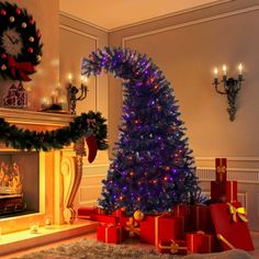 a decorated christmas tree in front of a fireplace