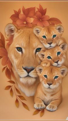 three baby lions are sitting next to each other in front of an orange background with leaves