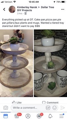 three tiered trays with coffee mugs on them and the same item in each