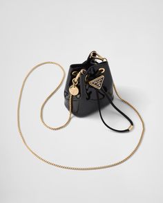 Black Patent Leather Mini-pouch | PRADA Chain Bag Strap, Designer Mini Bags, Mini Bags Aesthetic, Mini Prada Bag, Tas Celine, Prada Black Bag, Tas Prada, Vintage Prada Bag, Prada Mini Bag