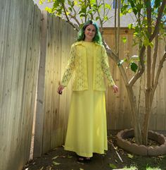 1970's yellow dress and lace shirt set. Real color is closest to the outside photos. Dress has a zipper down the back. Even the solid parts of this dress are slightly see-through because of how light the color is. Measurements Below Label: Montgomery Ward  Size: fits like a medium (see measurements below before purchase)  Material: polyester  Condition: Great vintage condition. A couple tiny snags and tiny little marks on the solid part of the dress. Small hole on the back under inside label (not visible on the outside). See photos for examples. Price reflected of all issues.  Measurements- while laying flat (bust, waist and hips are already doubled)  Bust: 37 inches around (tight 38 inches around) Empire waist (13 inches below shoulder): 31 inches around (tight 32 inches around) Hips: 46 Outside Photos, Montgomery Ward, Lace Shirt, Style Expert, Dress Clothes For Women, Vintage 1970s, Yellow Dress, Empire Waist, 1970s