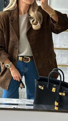 Suede Jacket Outfit, Perfect Fall Outfit, Suede Blazer, Womens Jackets Casual, Brown Long Sleeve, Jacket Fashion, Button Jacket, Mode Inspo, Autumn Outfit