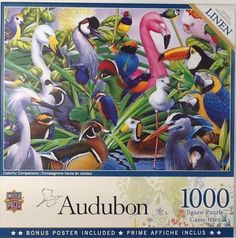 the puzzle box is filled with colorful birds and tropical plants, including toucans