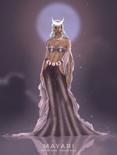 a drawing of a woman in a long dress with horns on her head and the moon behind her