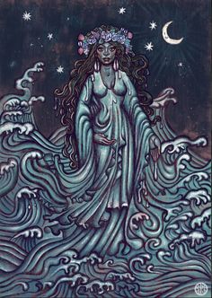 an image of a woman standing in the ocean with stars and moon above her head