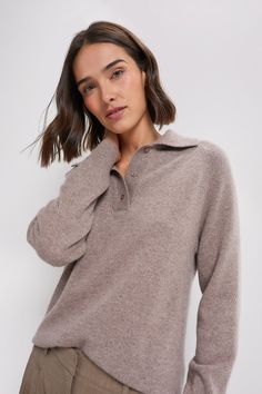 Wheat Carlisle Cashmere Banded Polo Sweater Cozy Cashmere Polo Sweater, Winter Wool Polo Sweater With Button Cuffs, Winter Wool Polo Sweater With Button Closure, Wool Polo Sweater With Button Closure For Winter, Cozy Cashmere Long Sleeve Polo Sweater, Cozy Long Sleeve Cashmere Polo Sweater, Fall Wool Polo Sweater With Buttons, Fall Cashmere Long Sleeve Polo Sweater, Long Sleeve Cashmere Polo Sweater For Fall