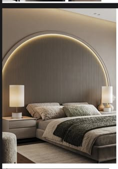 three different images of a bed with headboard and night stands in front of it